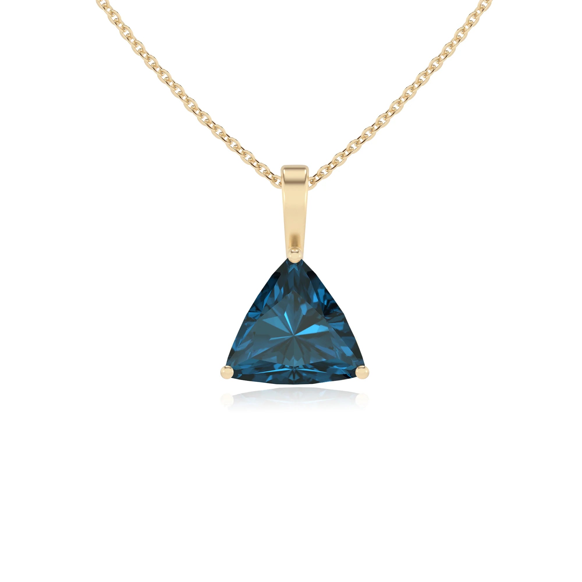 natural london-blue-topaz trillion solitaire necklaces in yellow gold 
