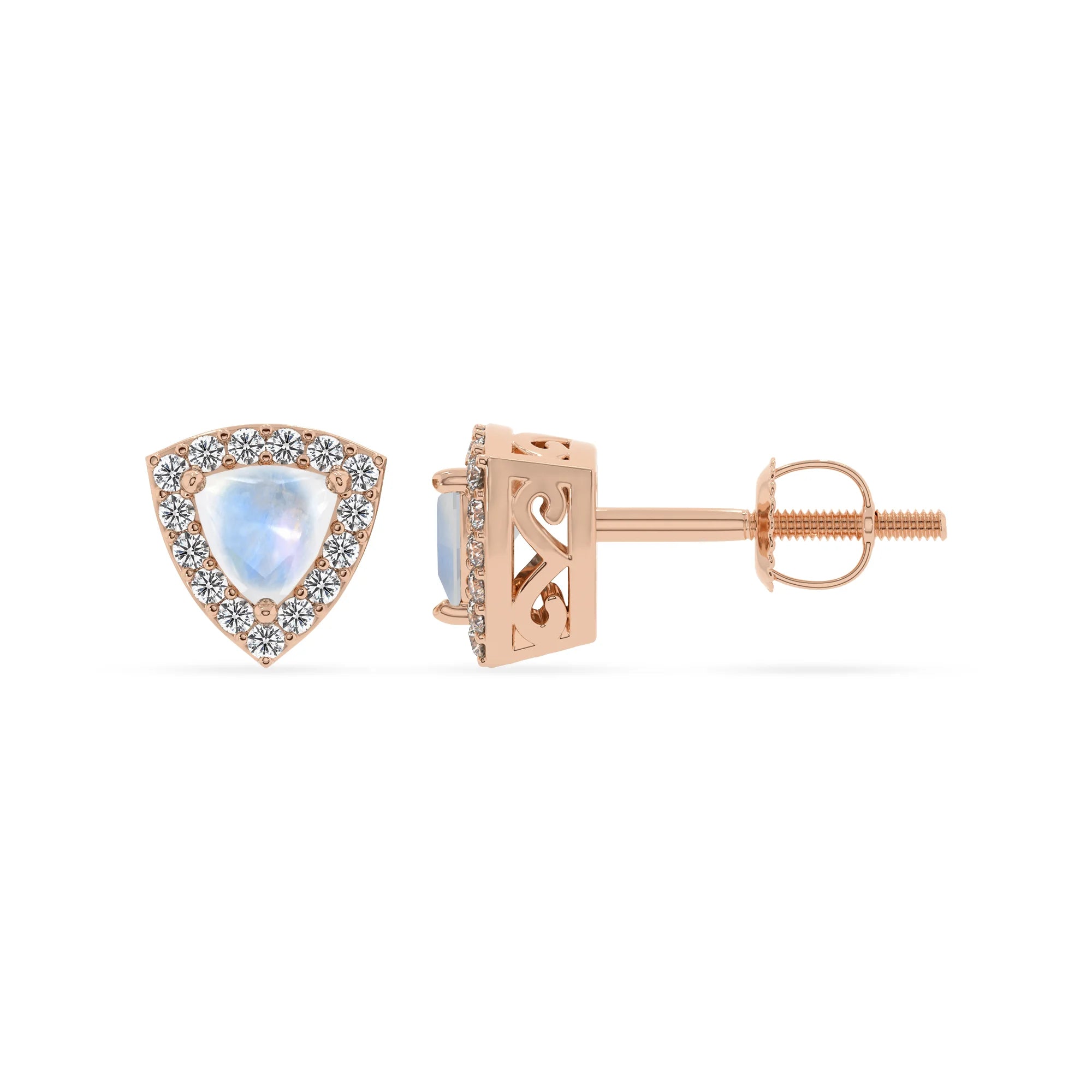 natural rainbow moonstone trillion stud earrings in rose gold 