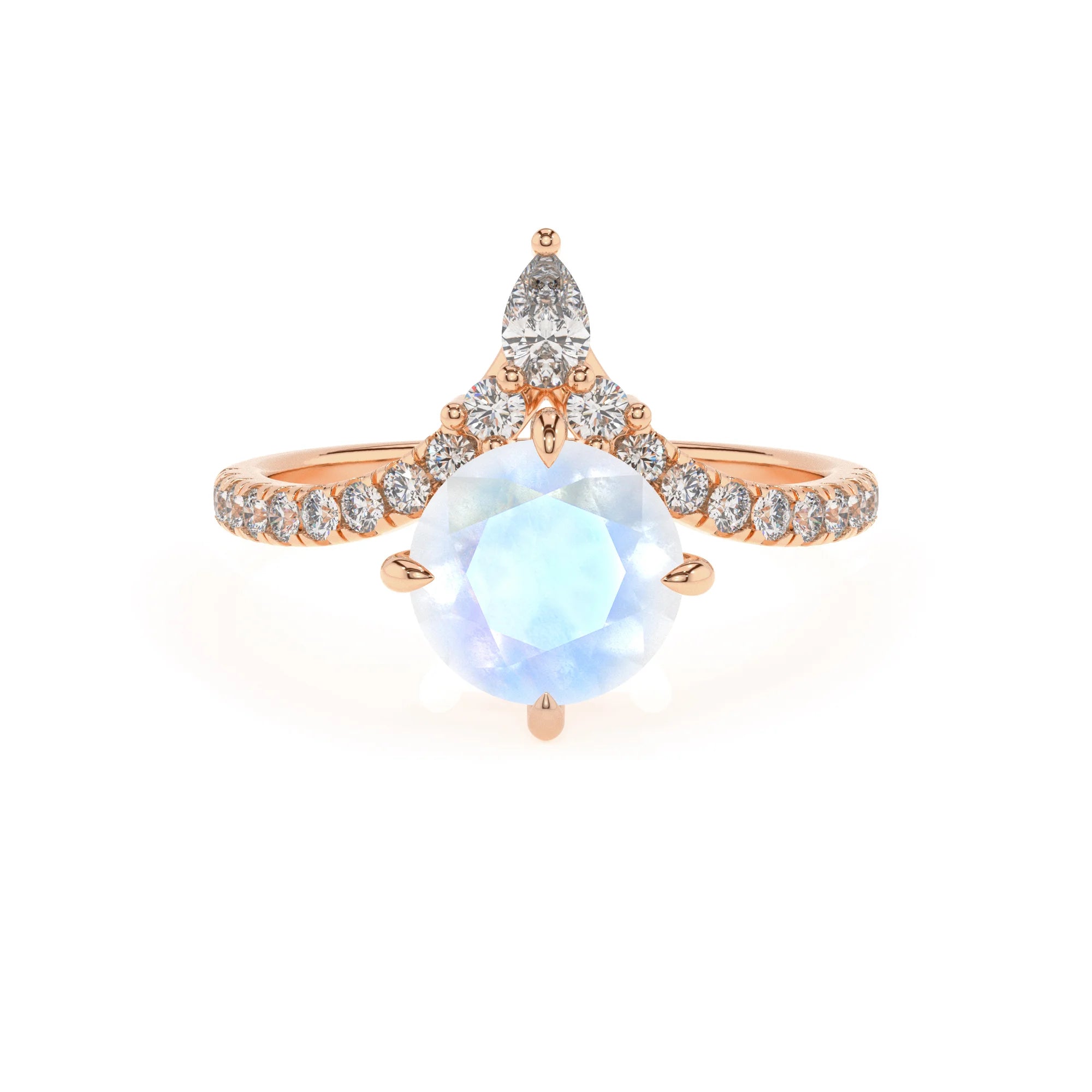 natural rainbow-moonstone round solitaire rings in rose gold 