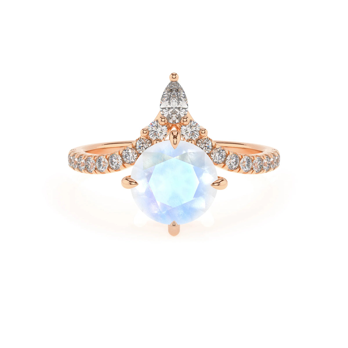 natural rainbow-moonstone round solitaire rings in rose gold 