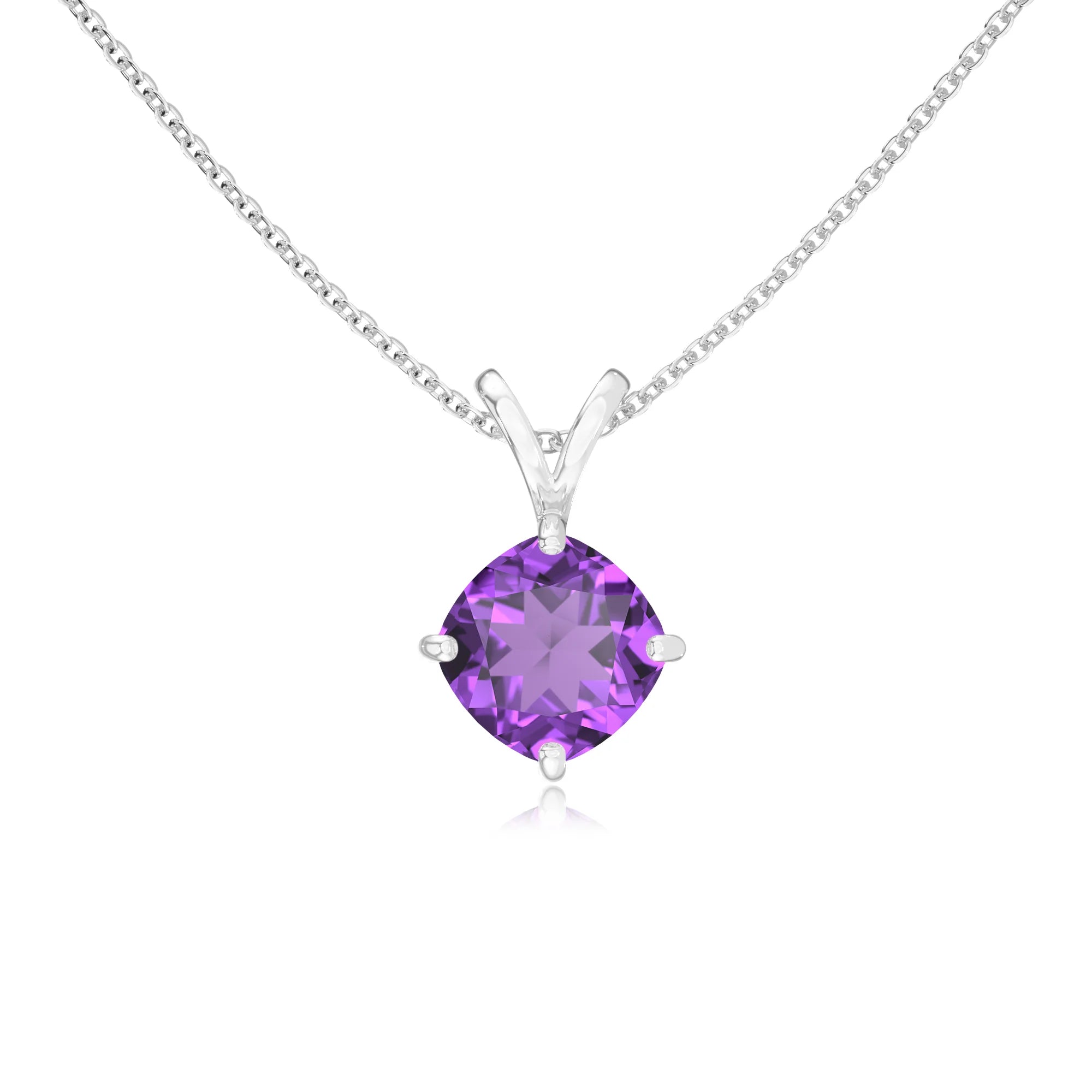 lab grown amethyst cushion solitaire v-bale necklaces in sterling silver 