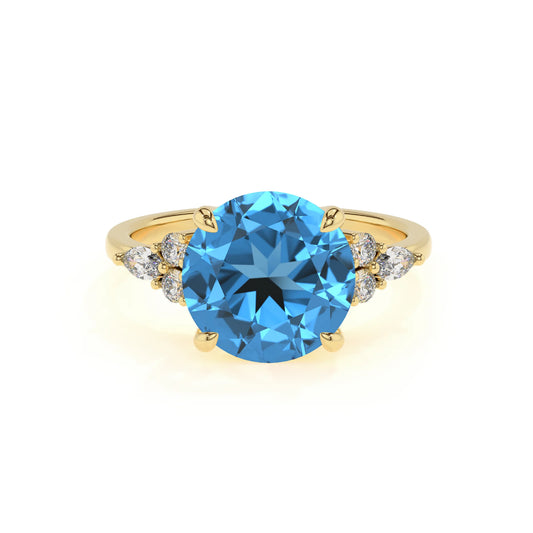 natural swiss-blue-topaz round solitaire rings in yellow gold 