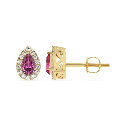lab grown pink sapphire pear stud earrings in yellow gold 