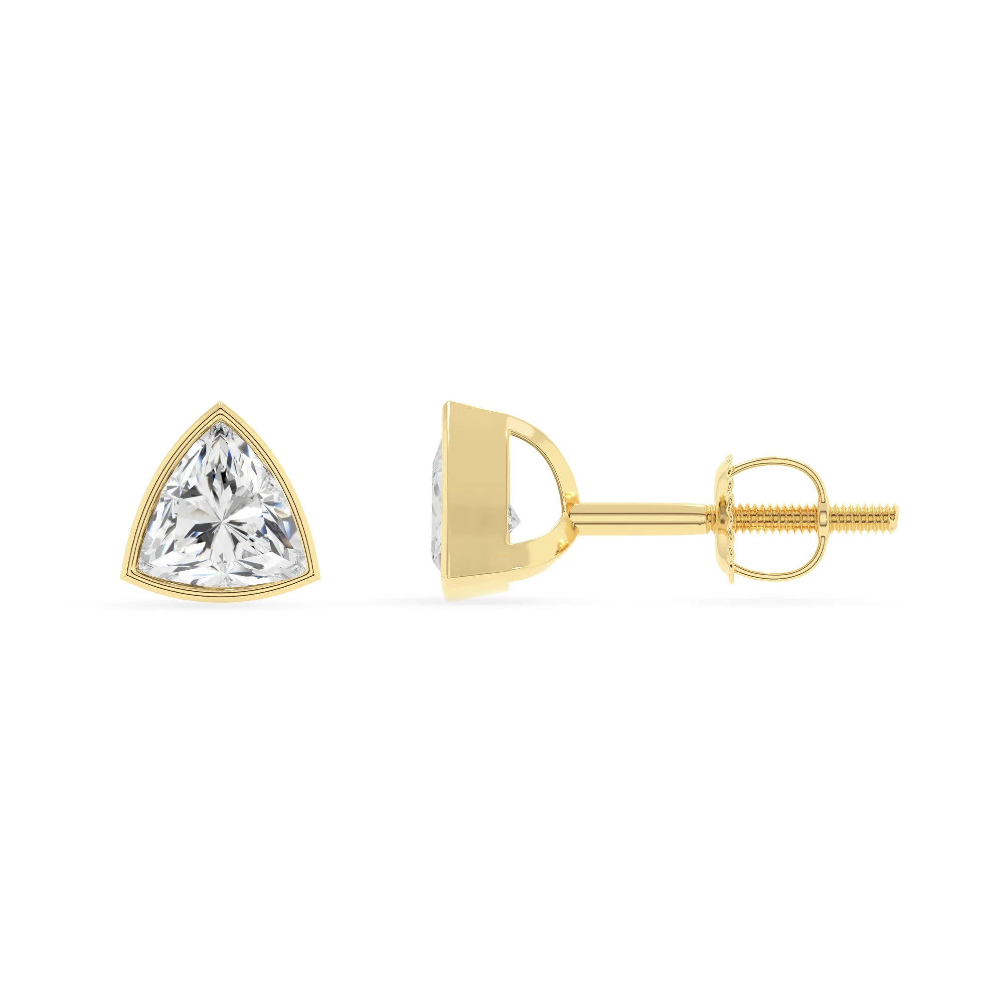 lab grown moissanite trillion stud earrings in yellow gold 