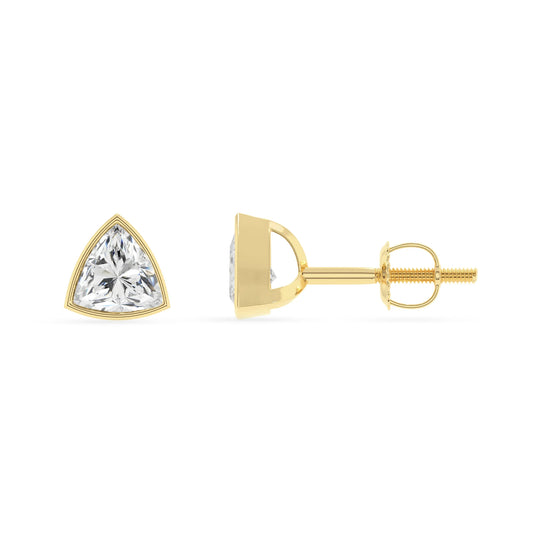 lab grown moissanite trillion stud earrings in yellow gold 