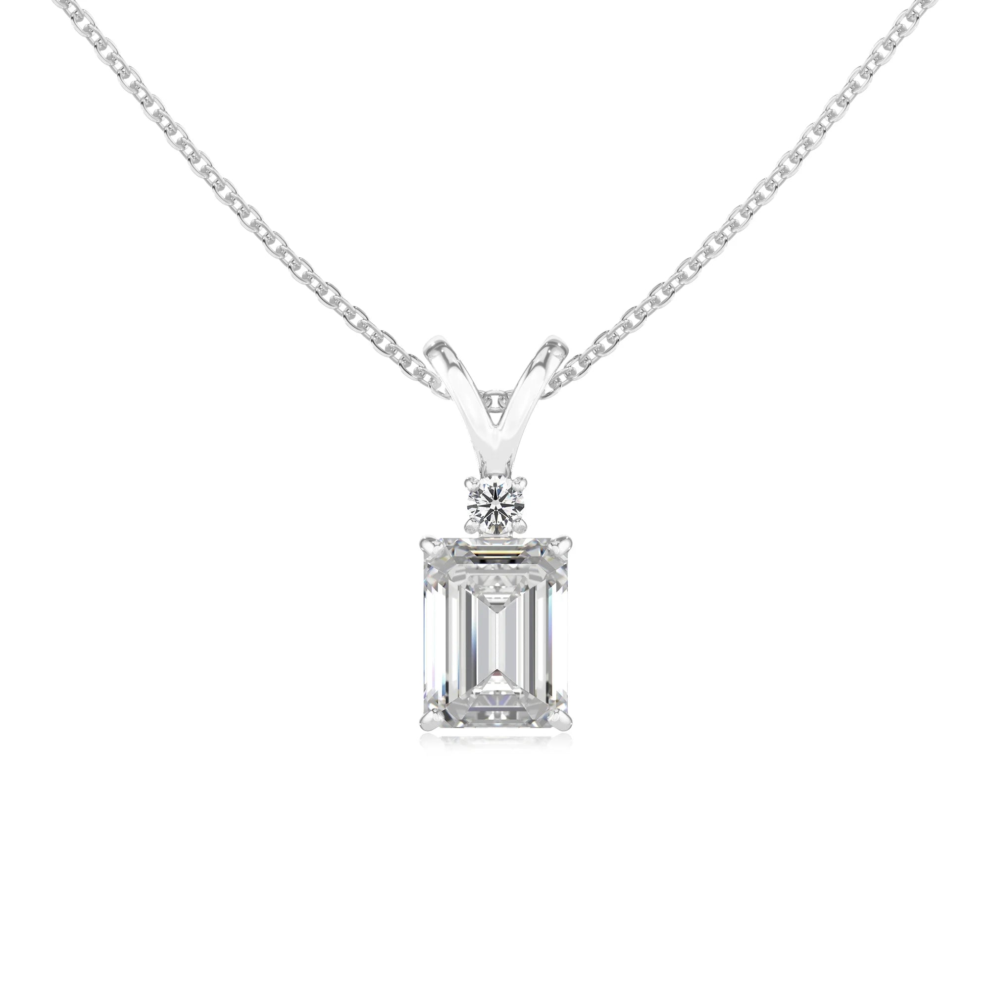 lab grown moissanite emerald cut solitaire v-bale necklaces in white gold 