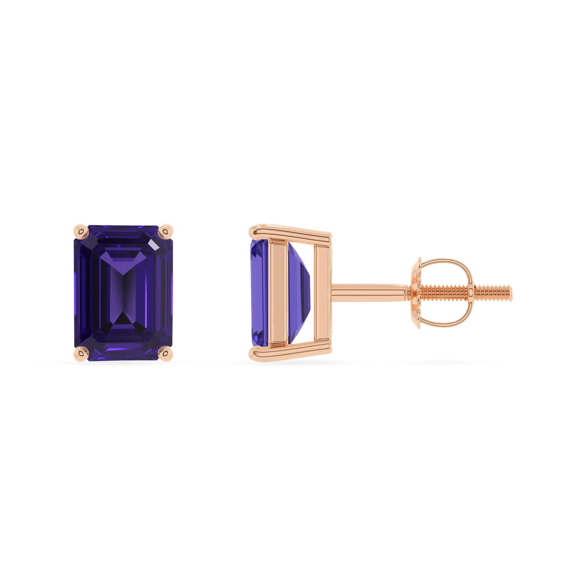 lab grown tanzanite emerald cut stud earrings in rose gold 