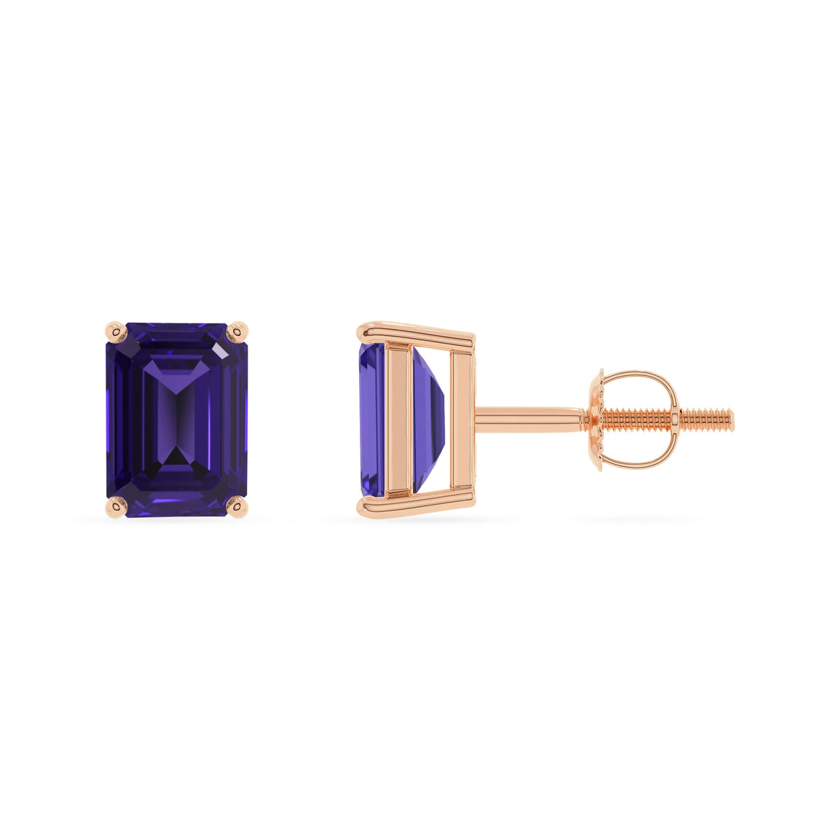 lab grown tanzanite emerald cut stud earrings in rose gold 