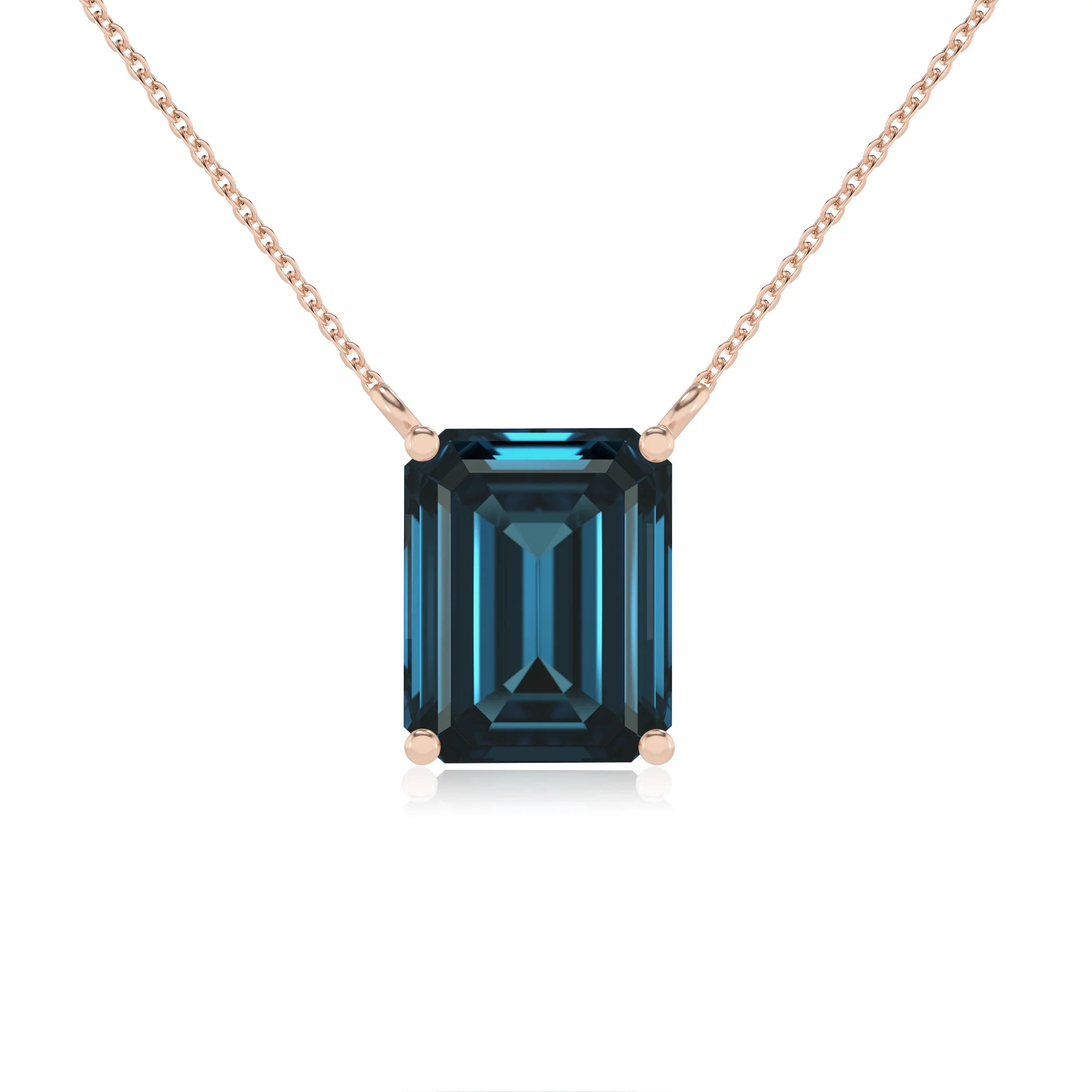 natural london-blue-topaz emerald cut solitaire necklaces in rose gold 