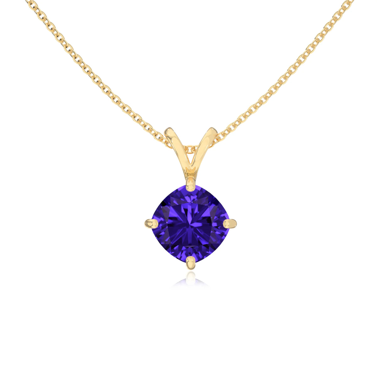 lab grown tanzanite cushion solitaire v-bale necklaces in yellow gold 
