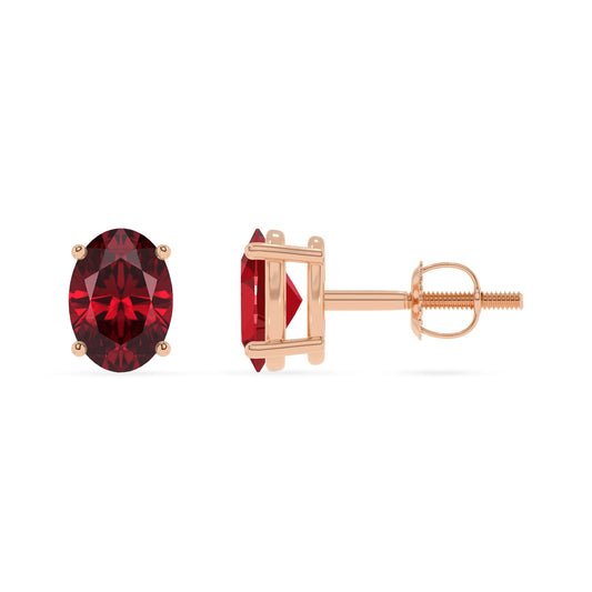 lab grown ruby oval stud earrings in rose gold 