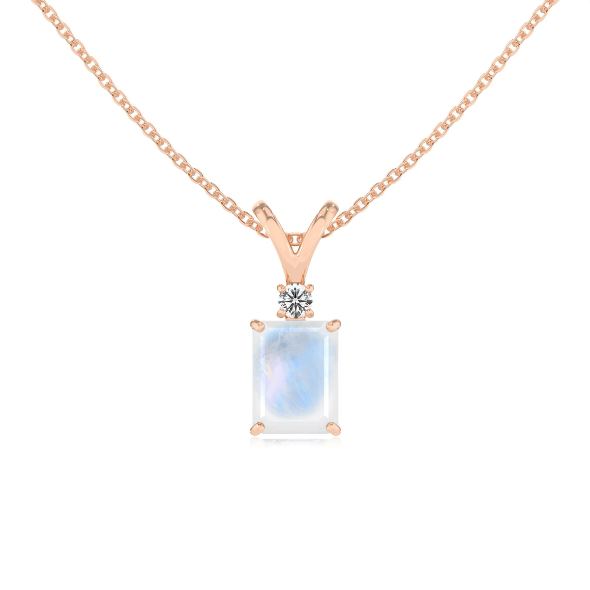 natural rainbow-moonstone emerald cut solitaire v-bale necklaces in rose gold 