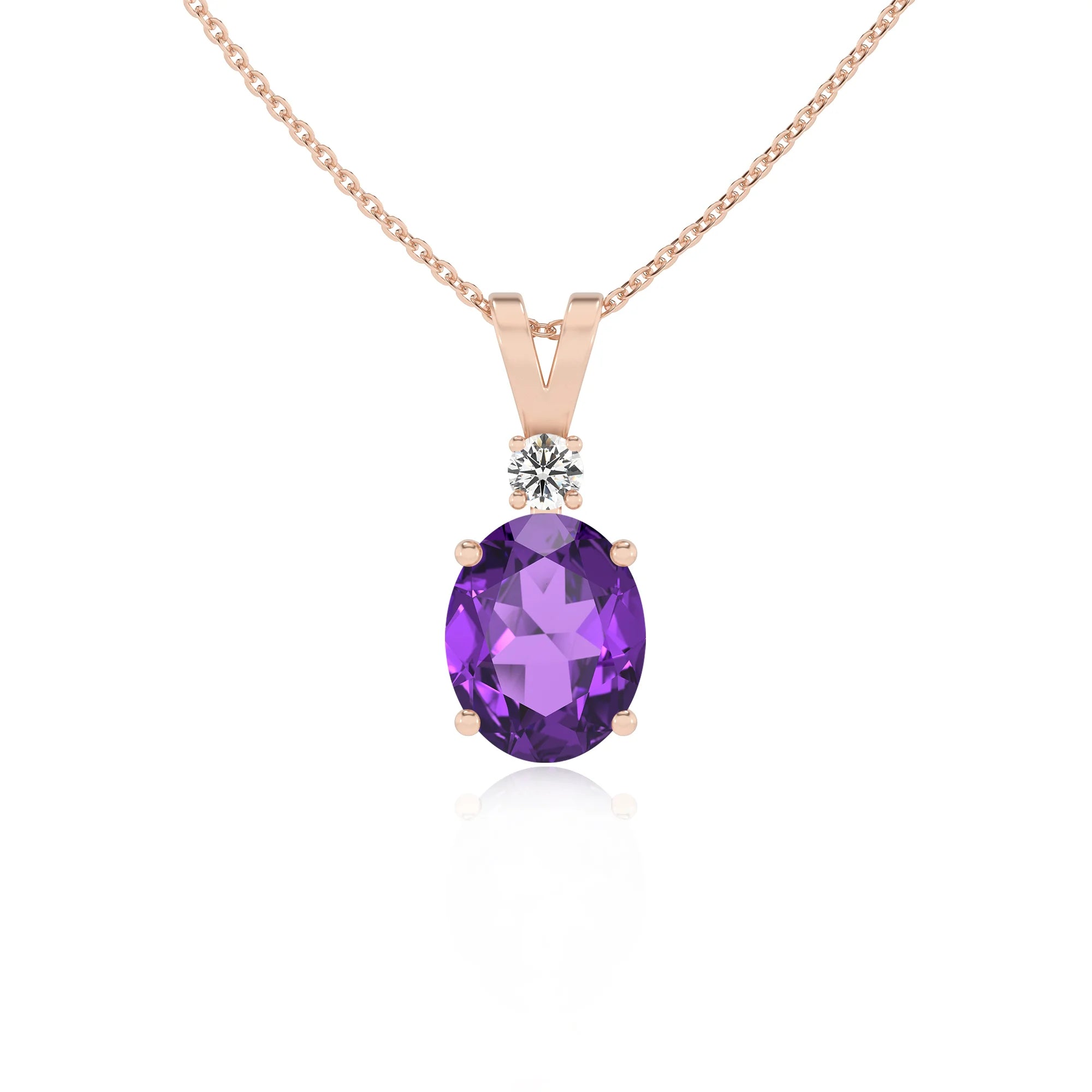 lab grown amethyst oval solitaire v-bale necklaces in rose gold 