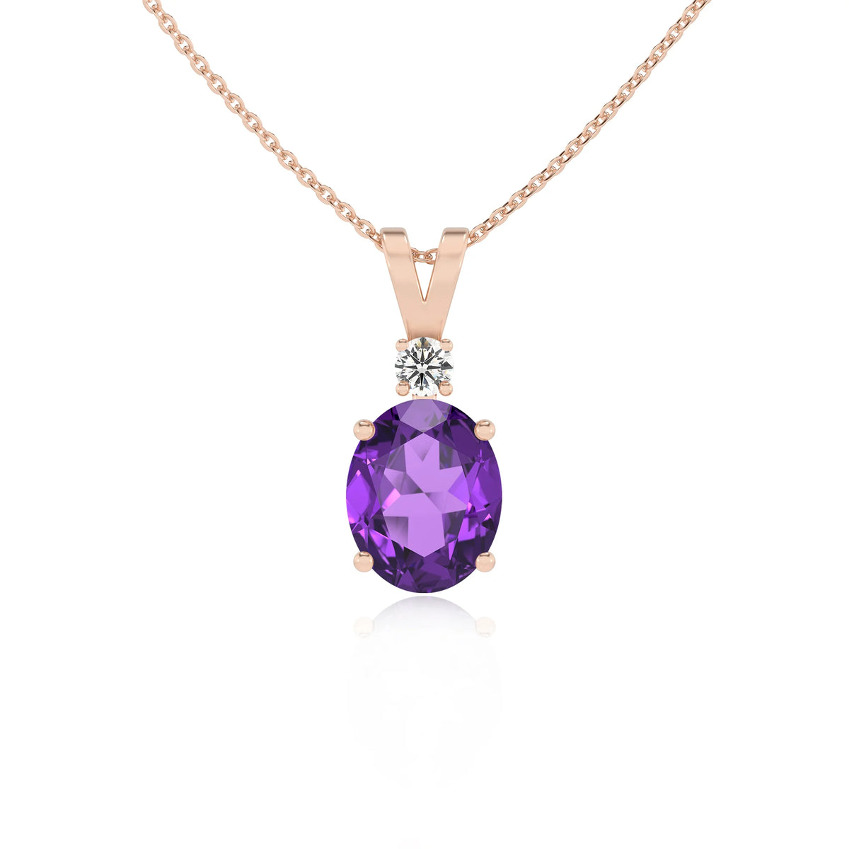 lab grown amethyst oval solitaire v-bale necklaces in rose gold 