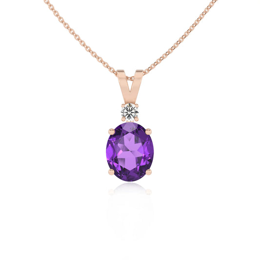 lab grown amethyst oval solitaire v-bale necklaces in rose gold 