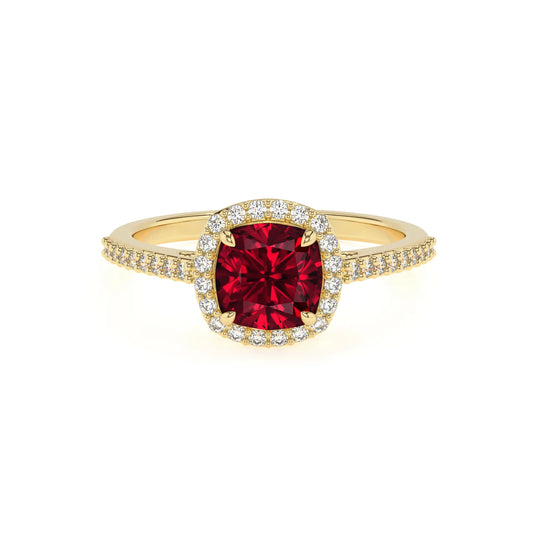 lab grown ruby cushion solitaire rings in yellow gold 