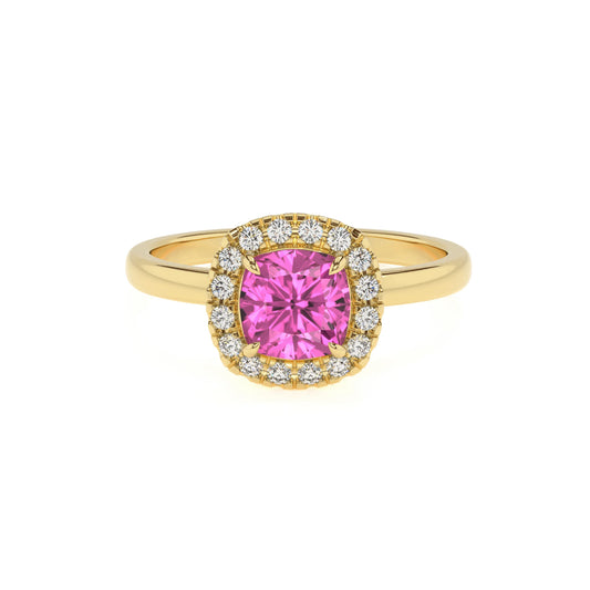 lab grown pink-sapphire cushion solitaire rings in yellow gold 