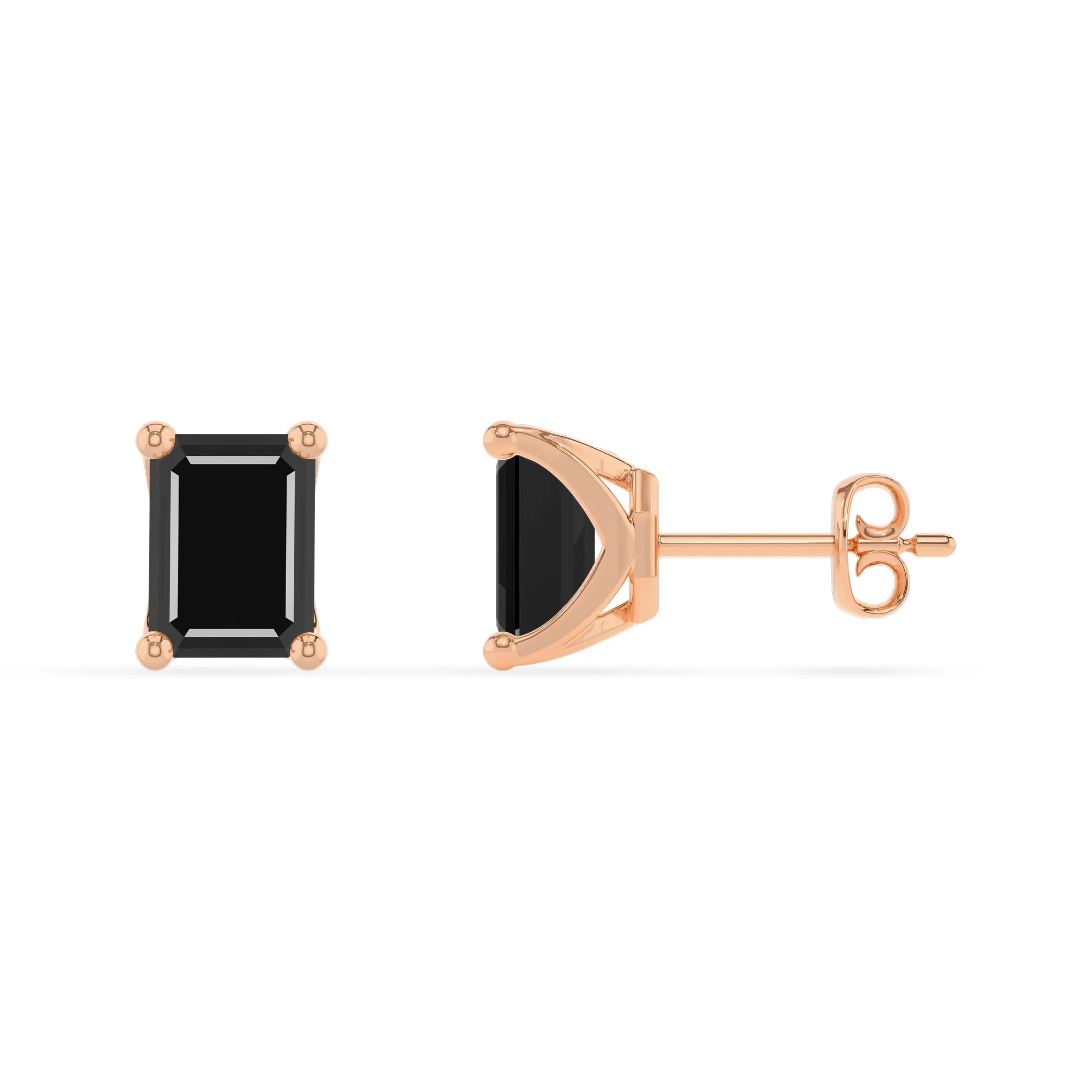 natural black onyx emerald cut stud earrings in rose gold 