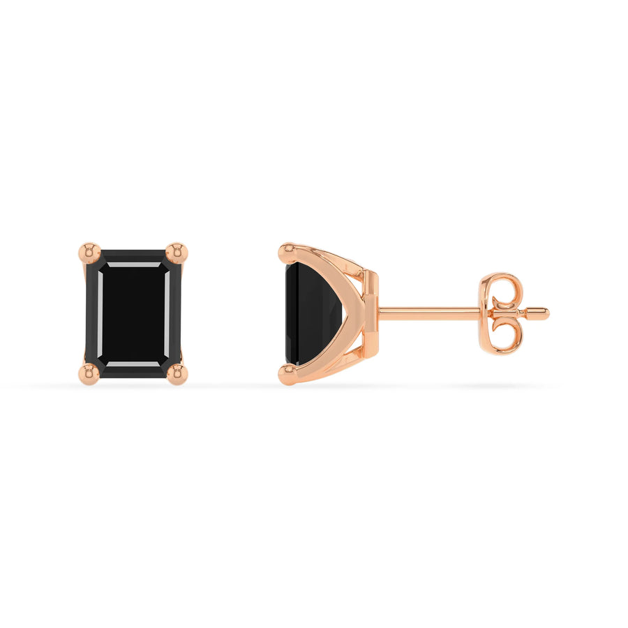 natural black onyx emerald cut stud earrings in rose gold 