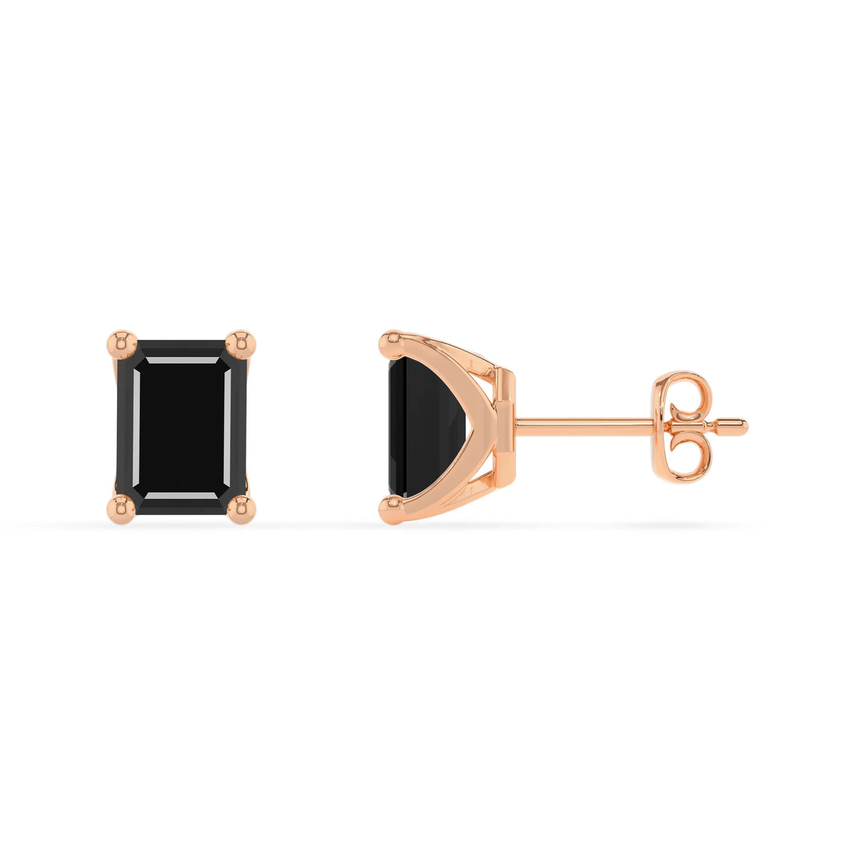 natural black onyx emerald cut stud earrings in rose gold 