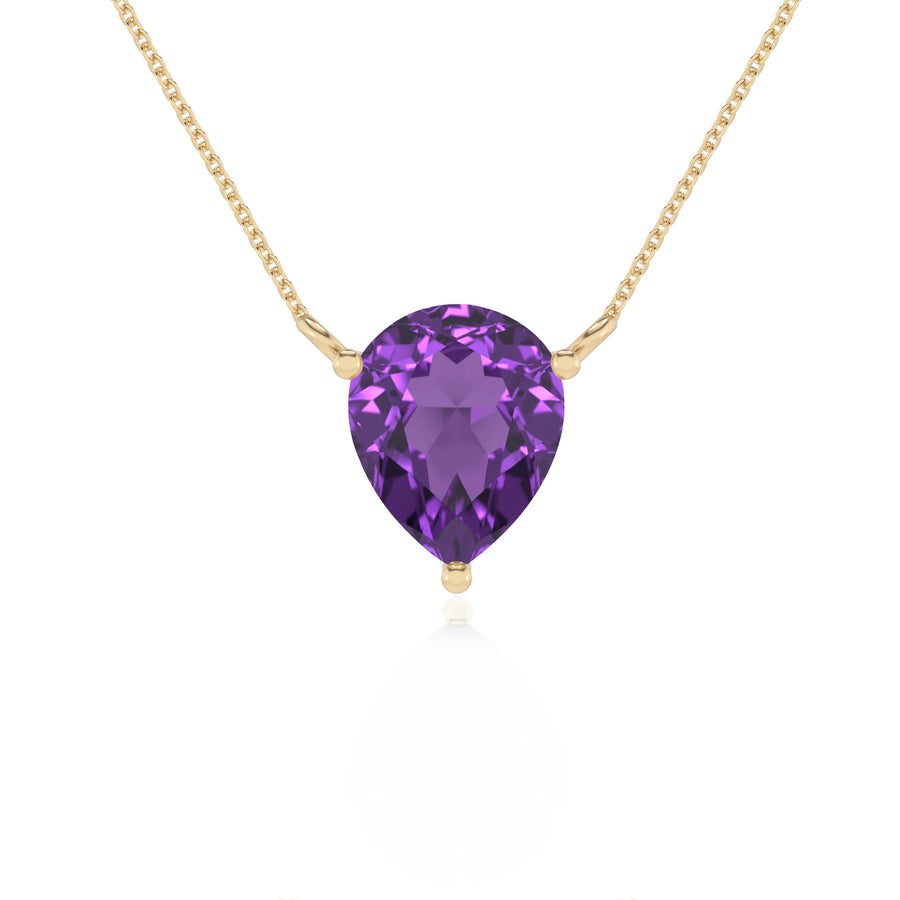 lab grown amethyst pear solitaire necklaces in yellow gold 