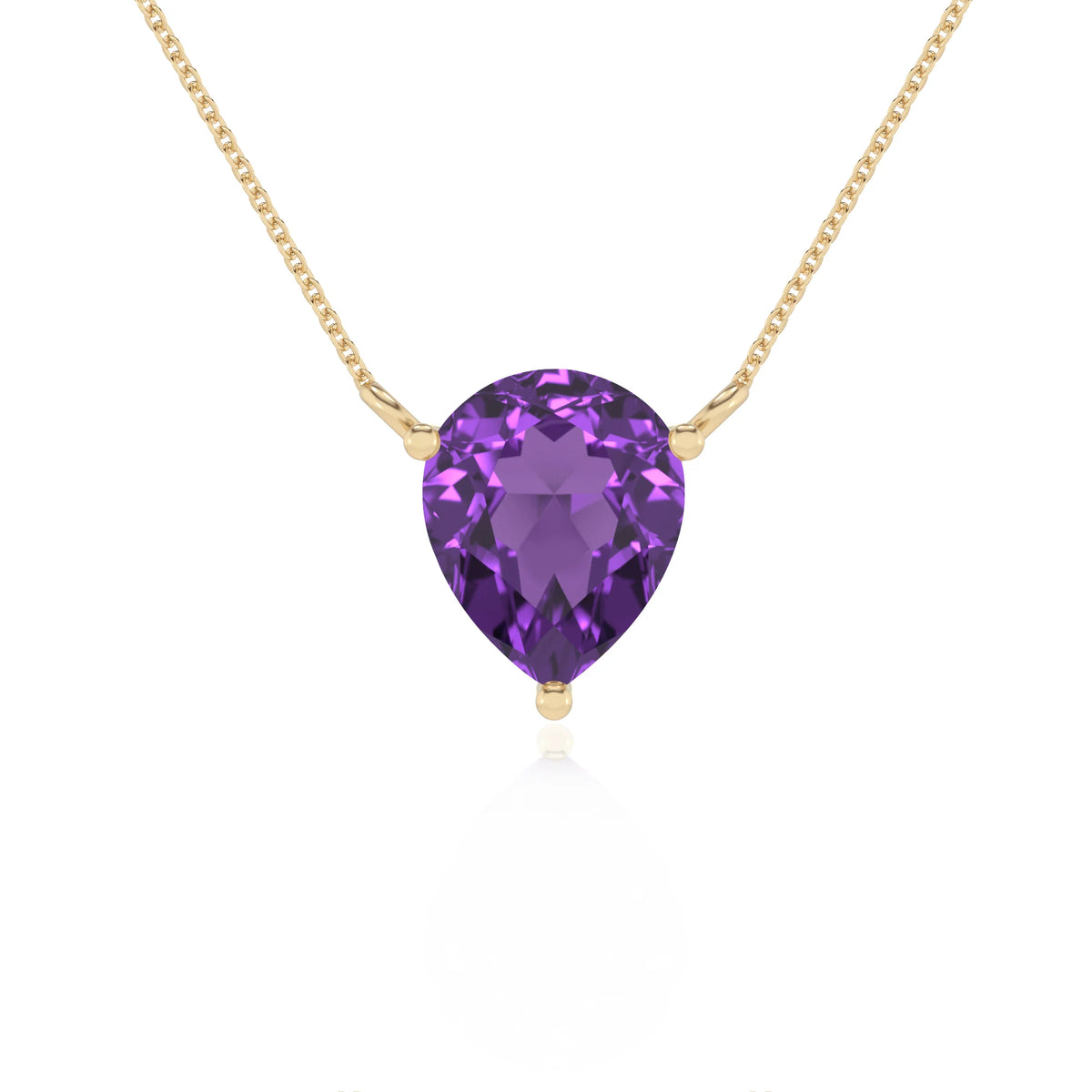 lab grown amethyst pear solitaire necklaces in yellow gold 