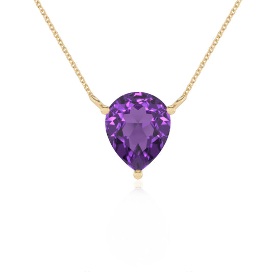 lab grown amethyst pear solitaire necklaces in yellow gold 