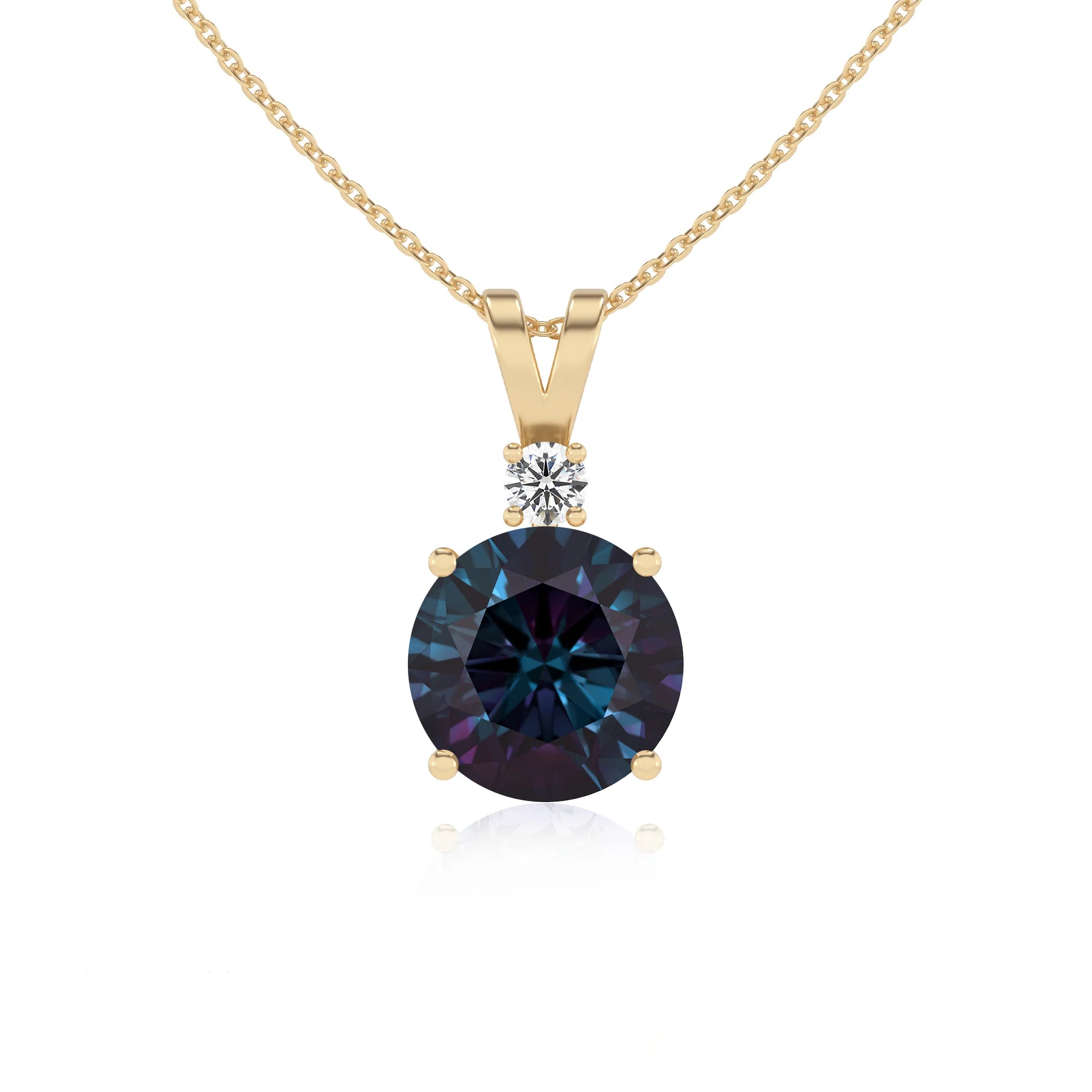 lab grown alexandrite round solitaire v-bale necklaces in yellow gold 
