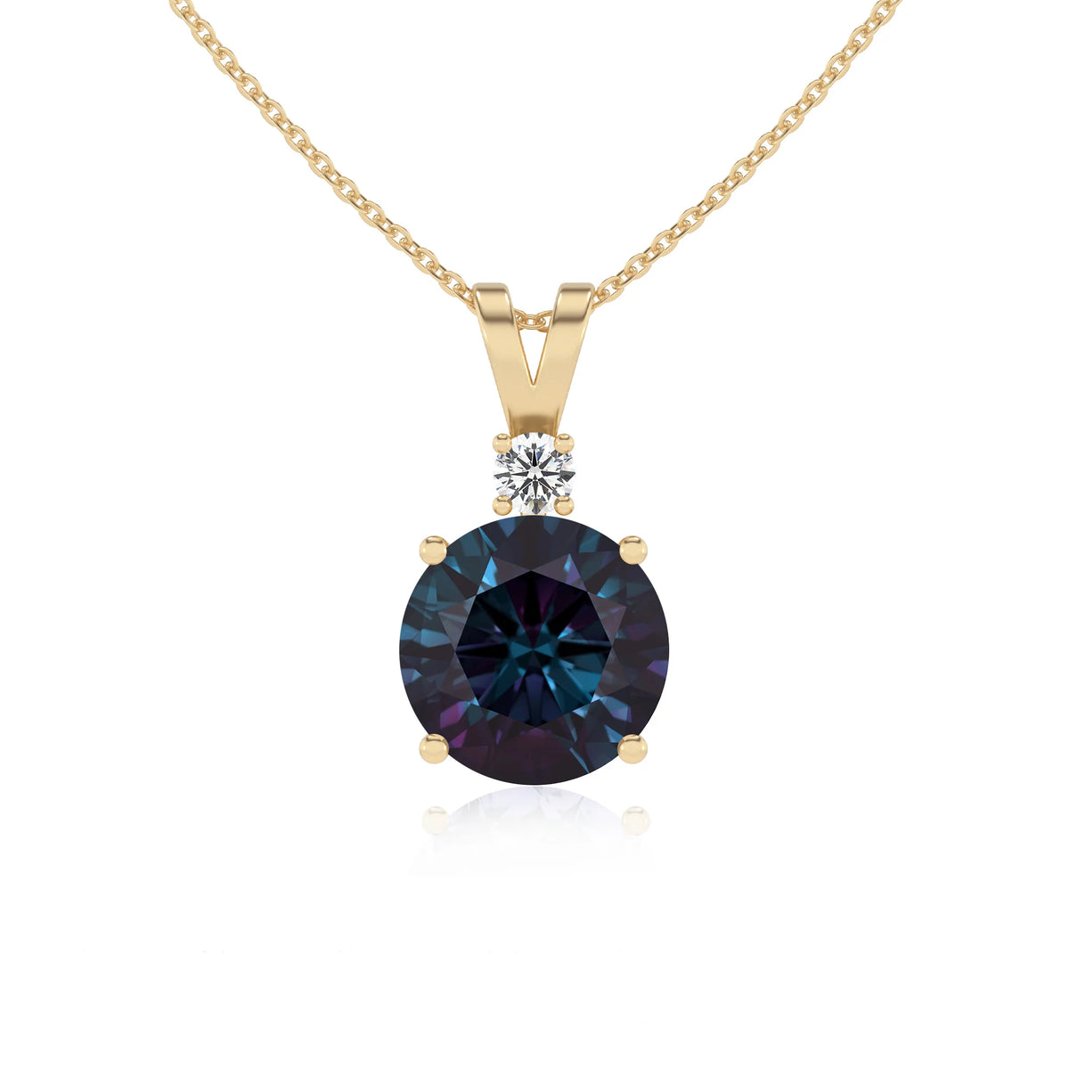 lab grown alexandrite round solitaire v-bale necklaces in yellow gold 