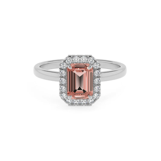 lab grown morganite emerald cut solitaire rings in platinum 
