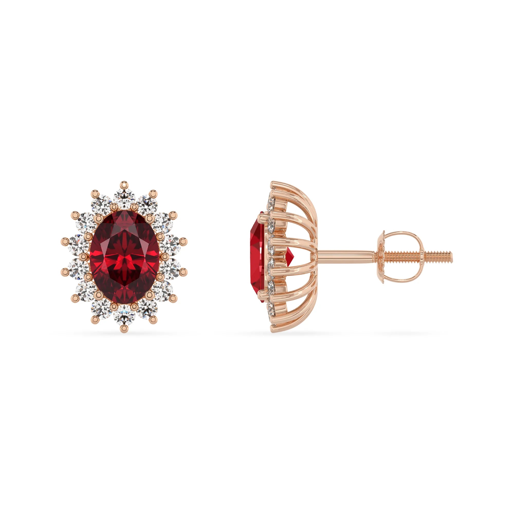 lab grown ruby oval stud earrings in rose gold 