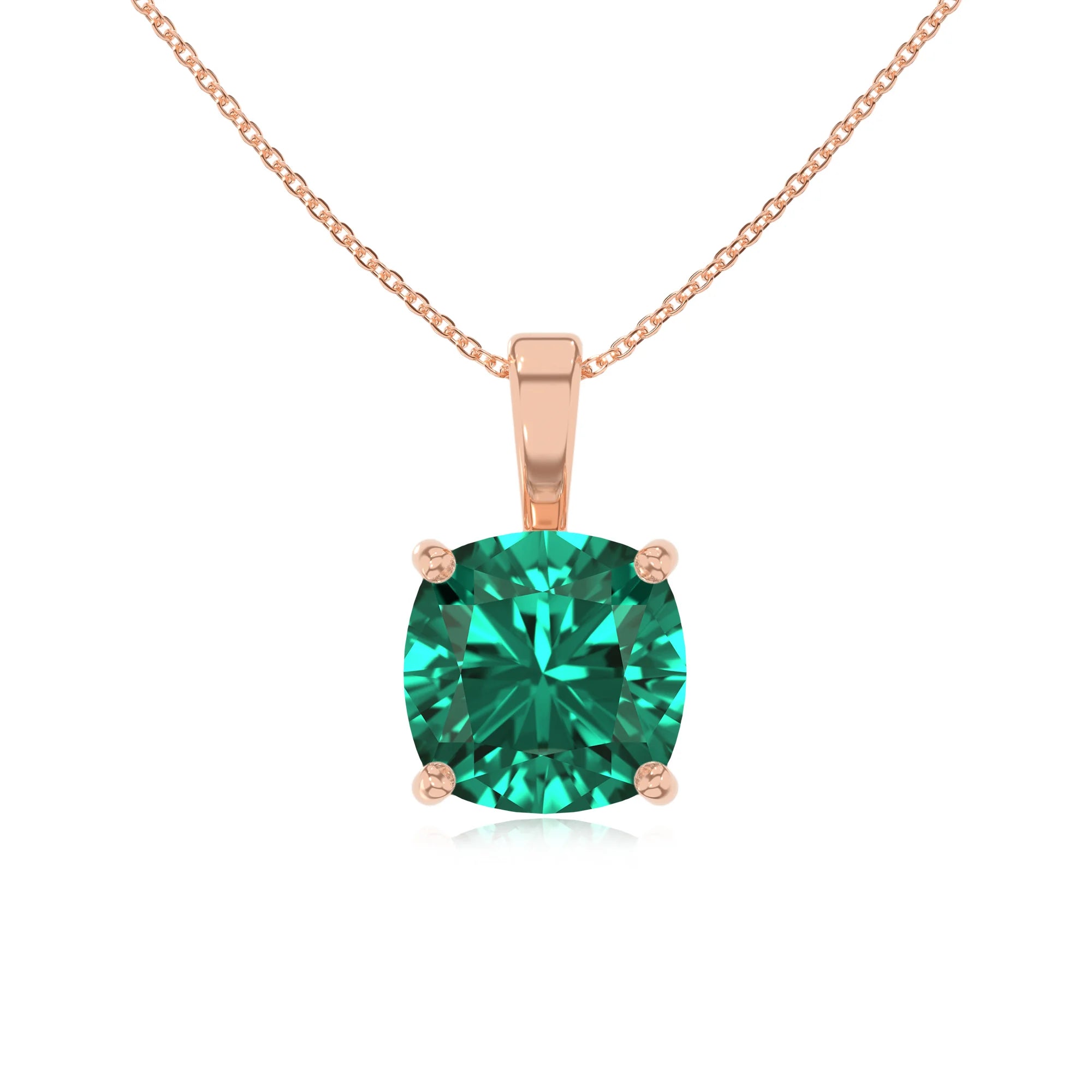 lab grown emerald cushion solitaire necklaces in rose gold 