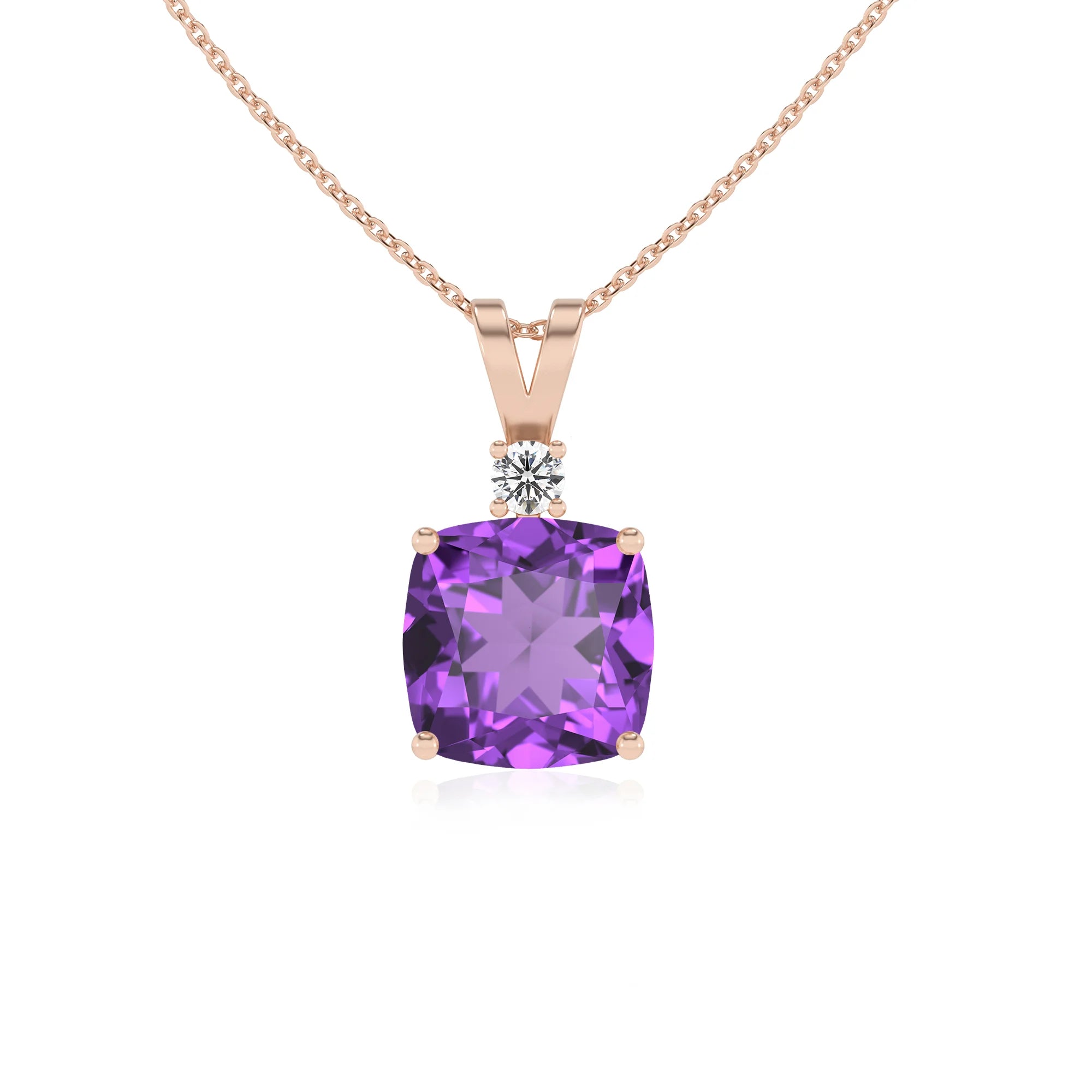 lab grown amethyst cushion solitaire v-bale necklaces in rose gold 