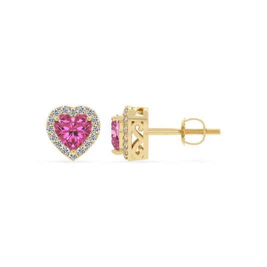lab grown pink sapphire heart stud earrings in yellow gold 
