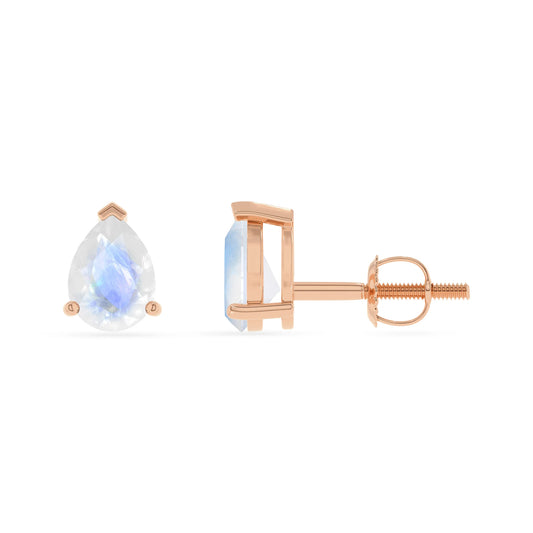 natural rainbow moonstone pear stud earrings in rose gold 