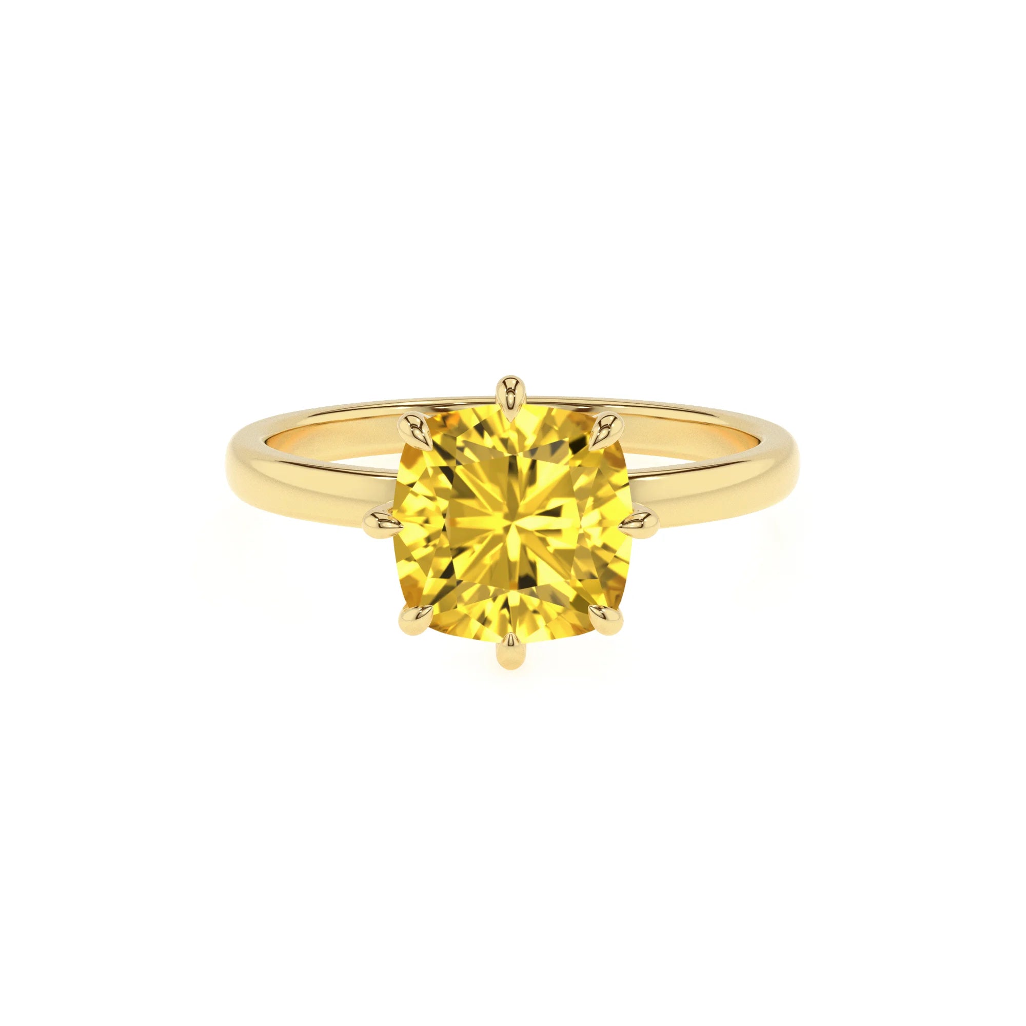lab grown yellow-sapphire cushion solitaire rings in yellow gold 