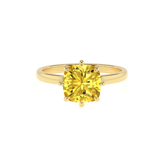 lab grown yellow-sapphire cushion solitaire rings in yellow gold 
