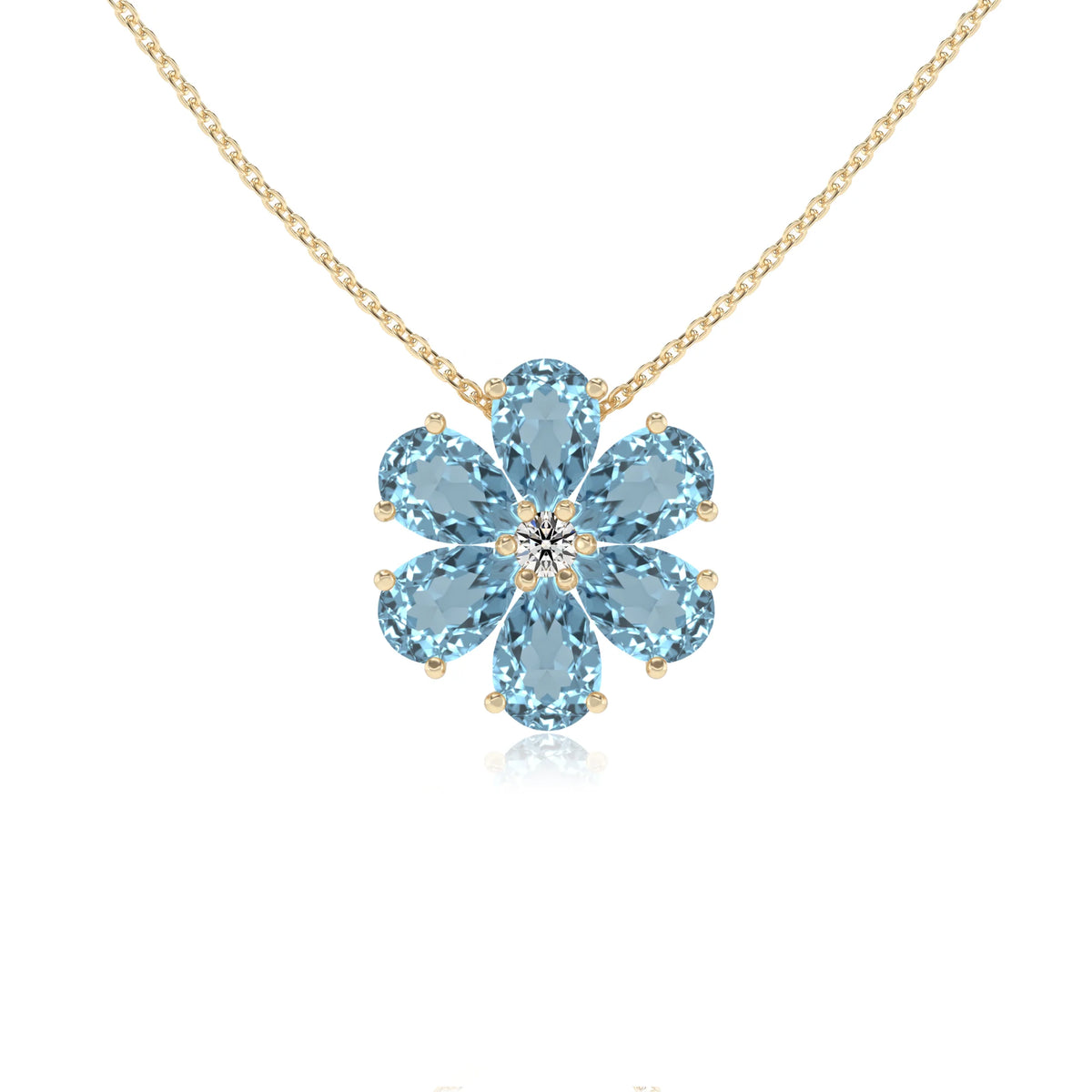 lab grown aquamarine pear solitaire necklaces in yellow gold 