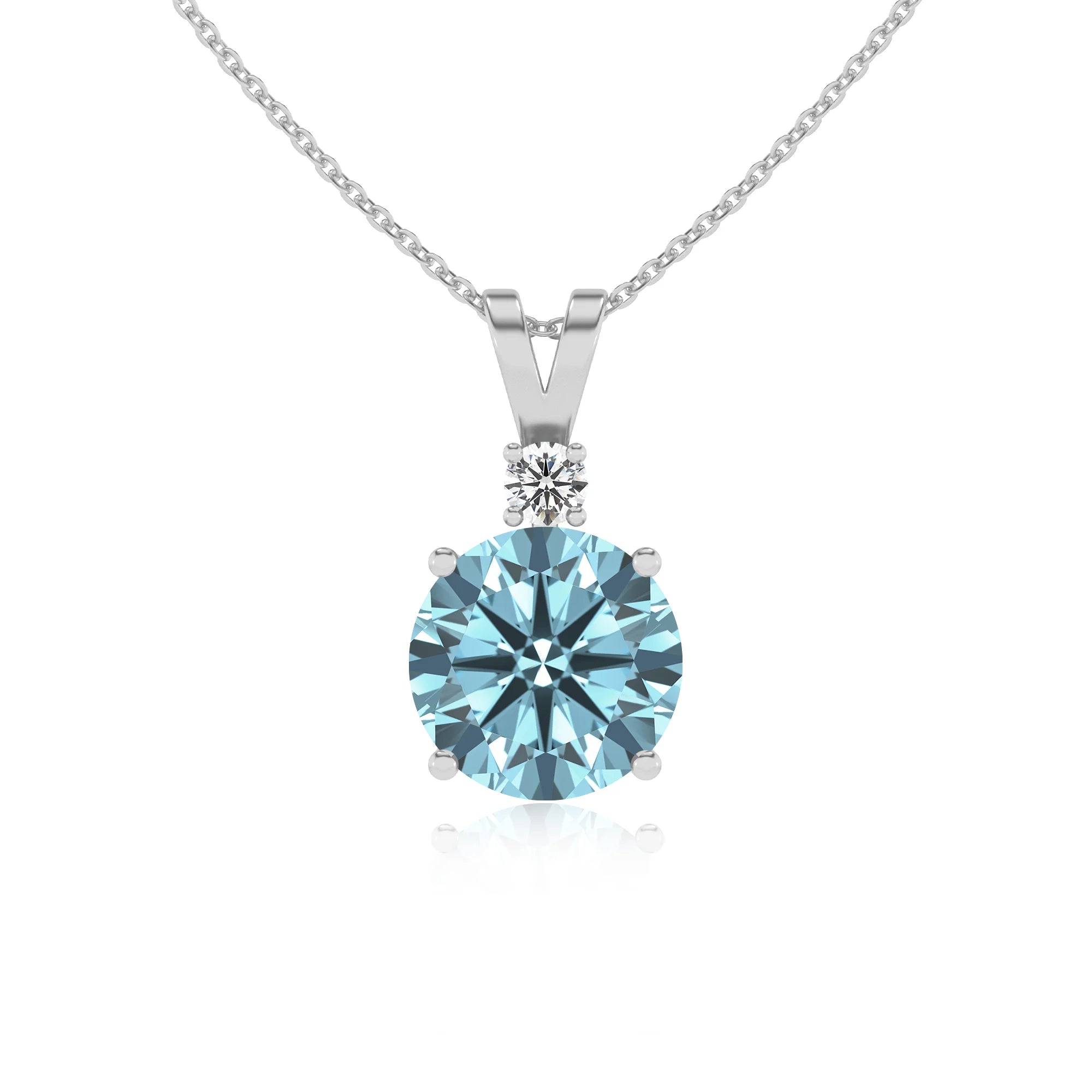 lab grown aquamarine round solitaire v-bale necklaces in platinum 