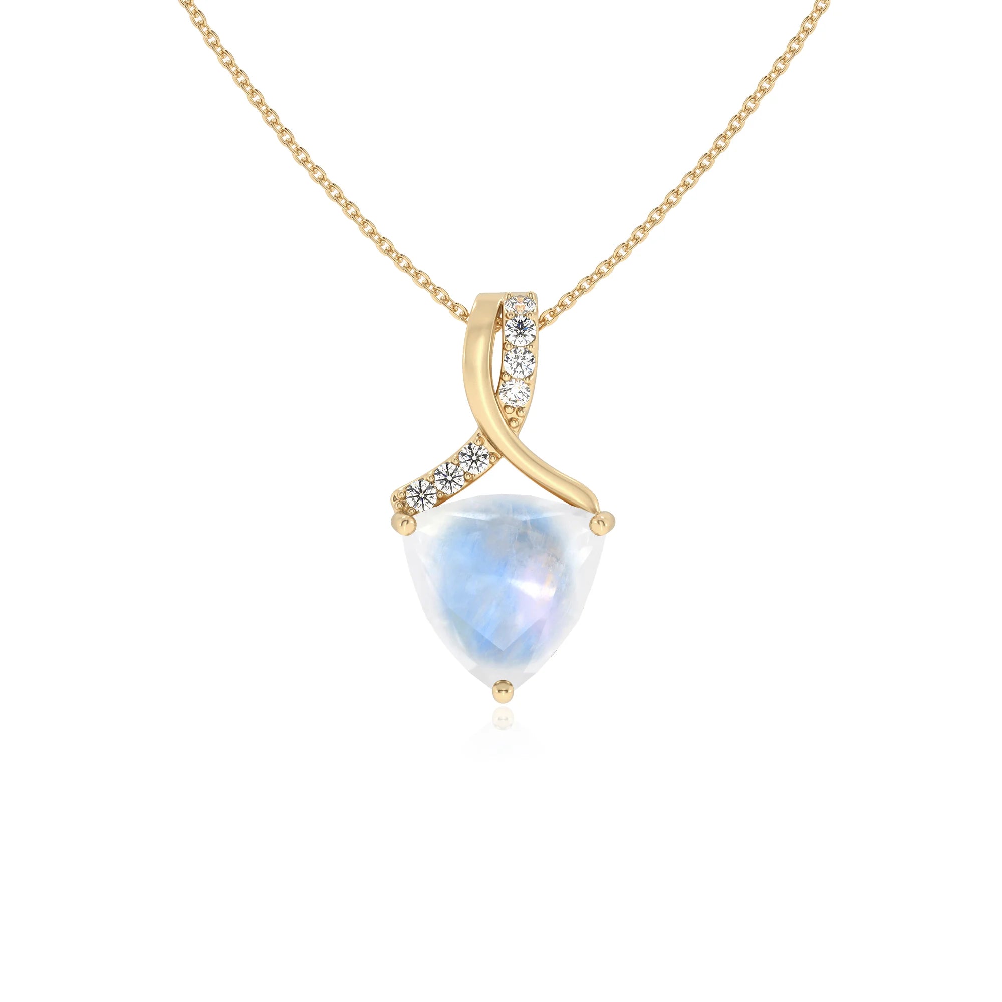 natural rainbow-moonstone trillion solitaire necklaces in yellow gold 