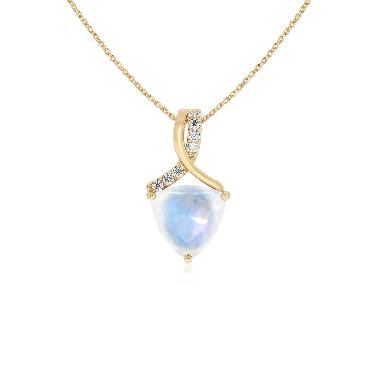 natural rainbow-moonstone trillion solitaire necklaces in yellow gold 