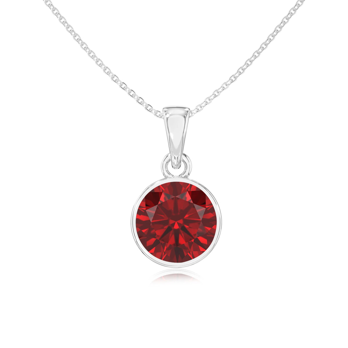 lab grown ruby round solitaire necklaces in sterling silver 