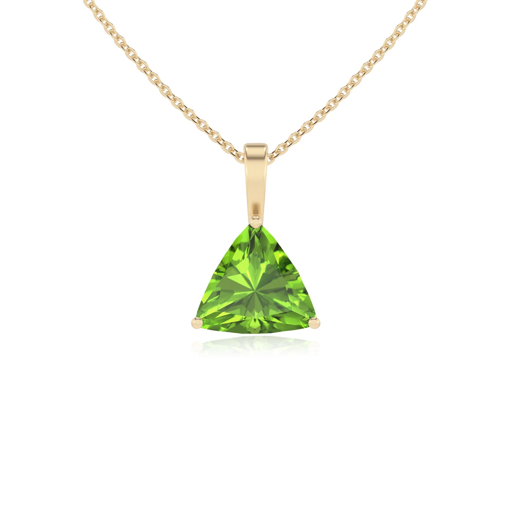 natural peridot trillion solitaire necklaces in yellow gold 