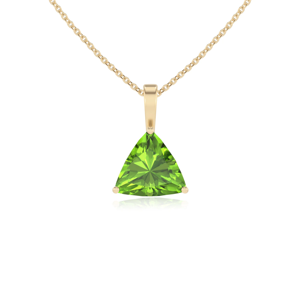 natural peridot trillion solitaire necklaces in yellow gold 