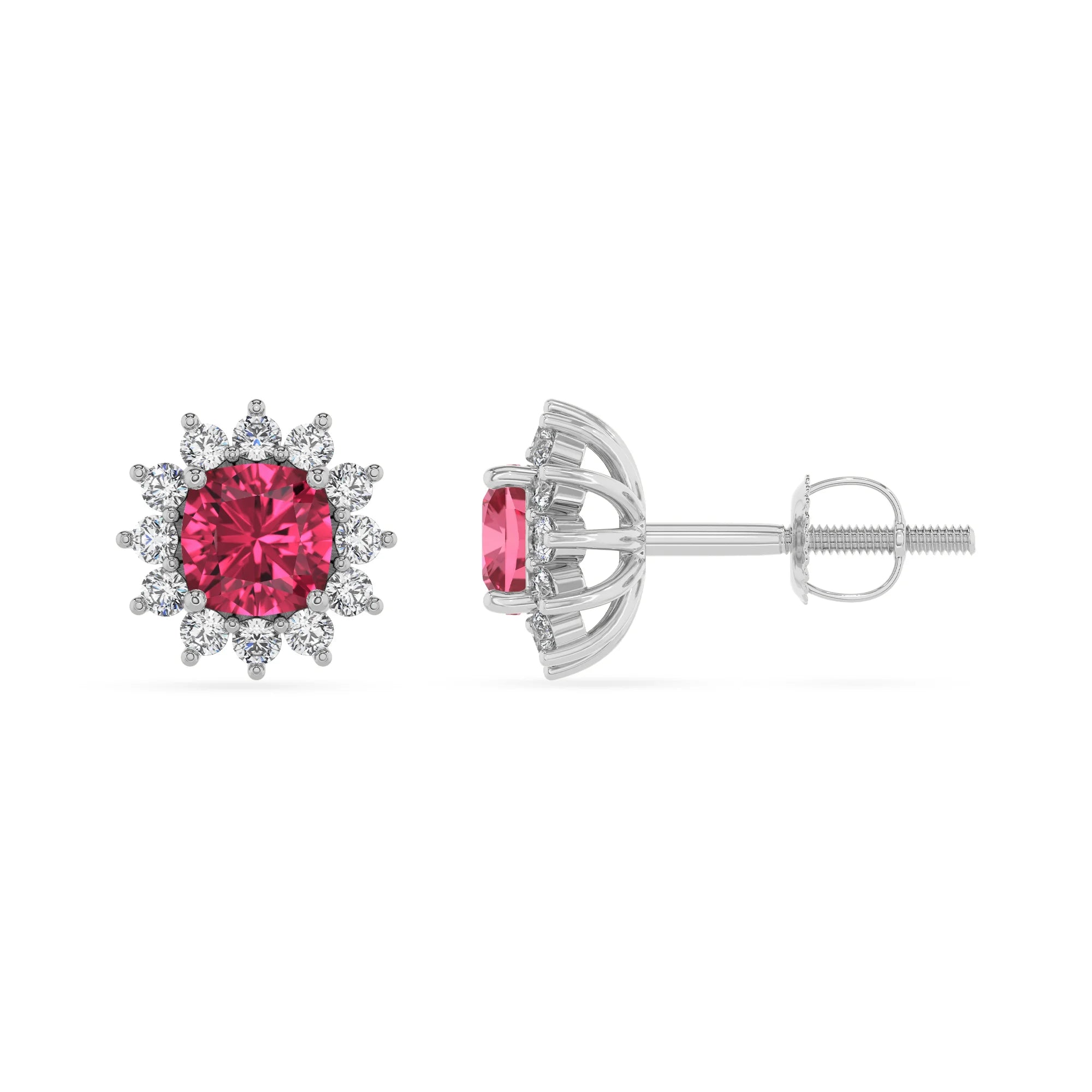 lab grown pink tourmaline cushion stud earrings in platinum 