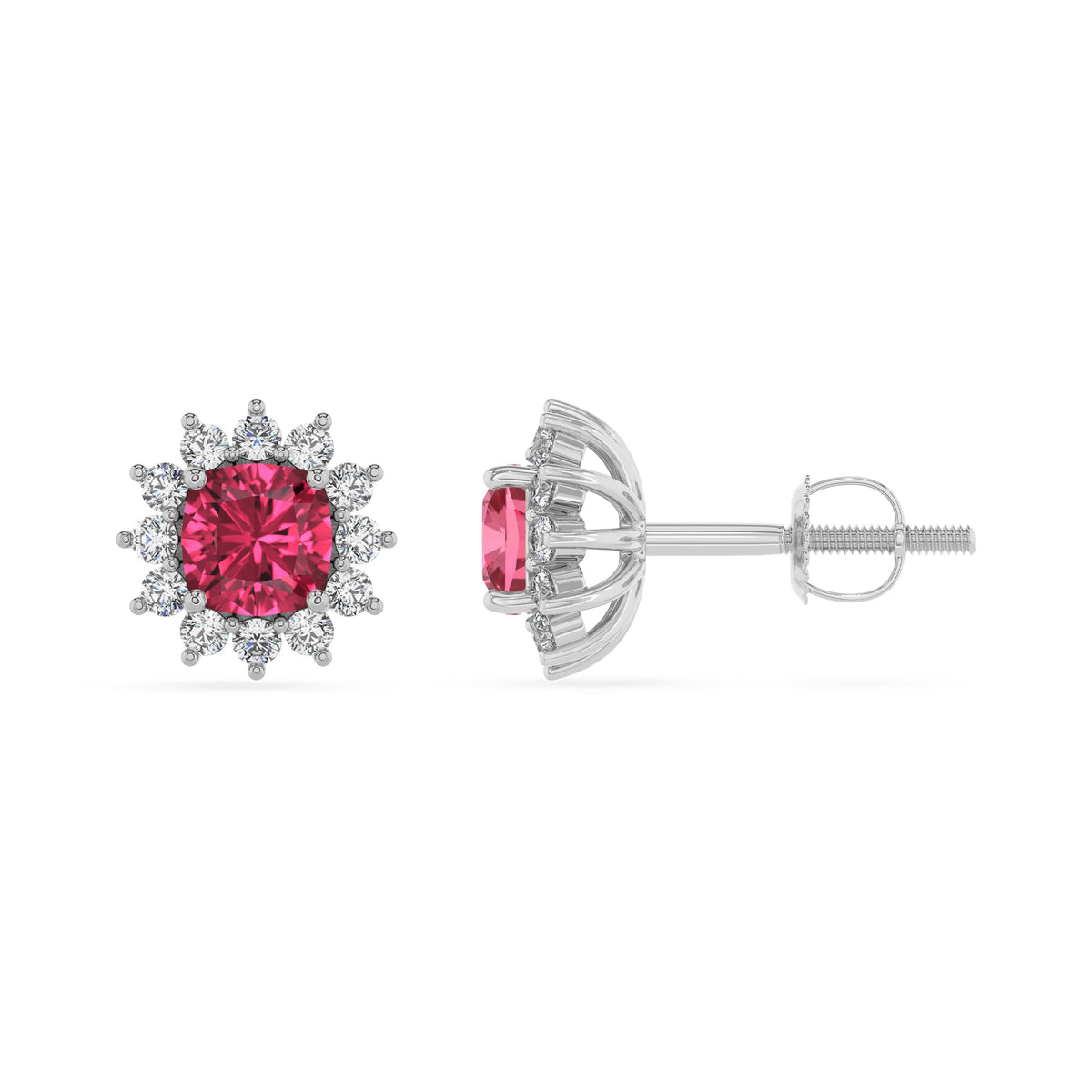 lab grown pink tourmaline cushion stud earrings in platinum 