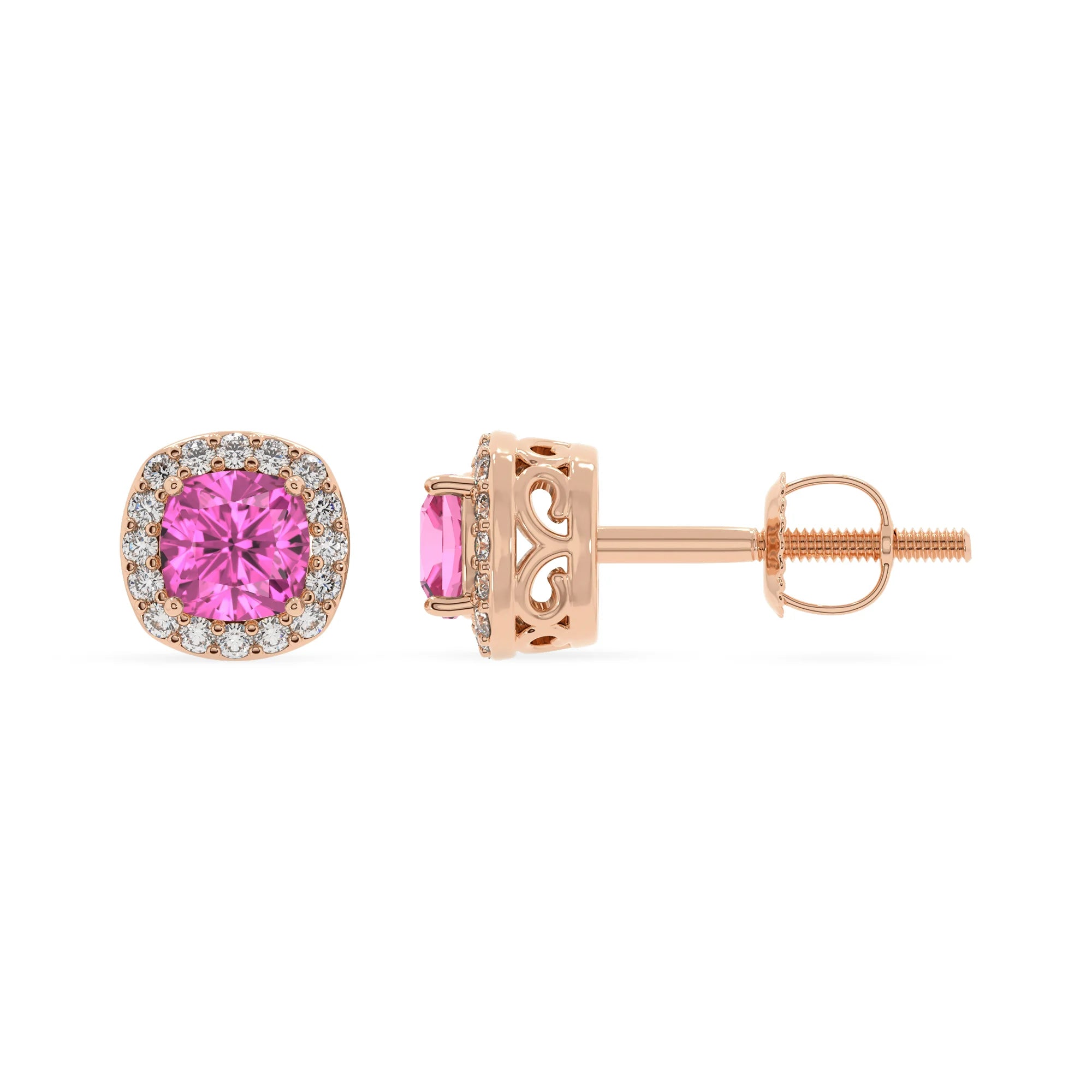 lab grown pink sapphire cushion stud earrings in rose gold 