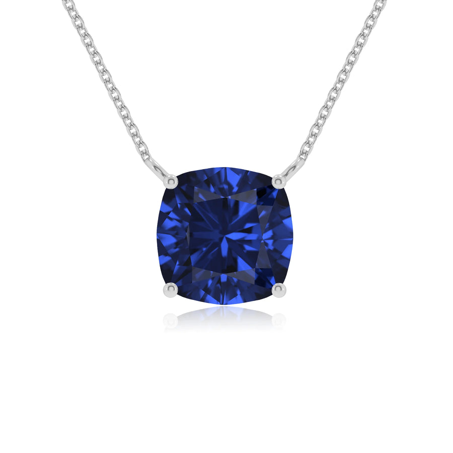 lab grown blue-sapphire cushion solitaire necklaces in platinum 