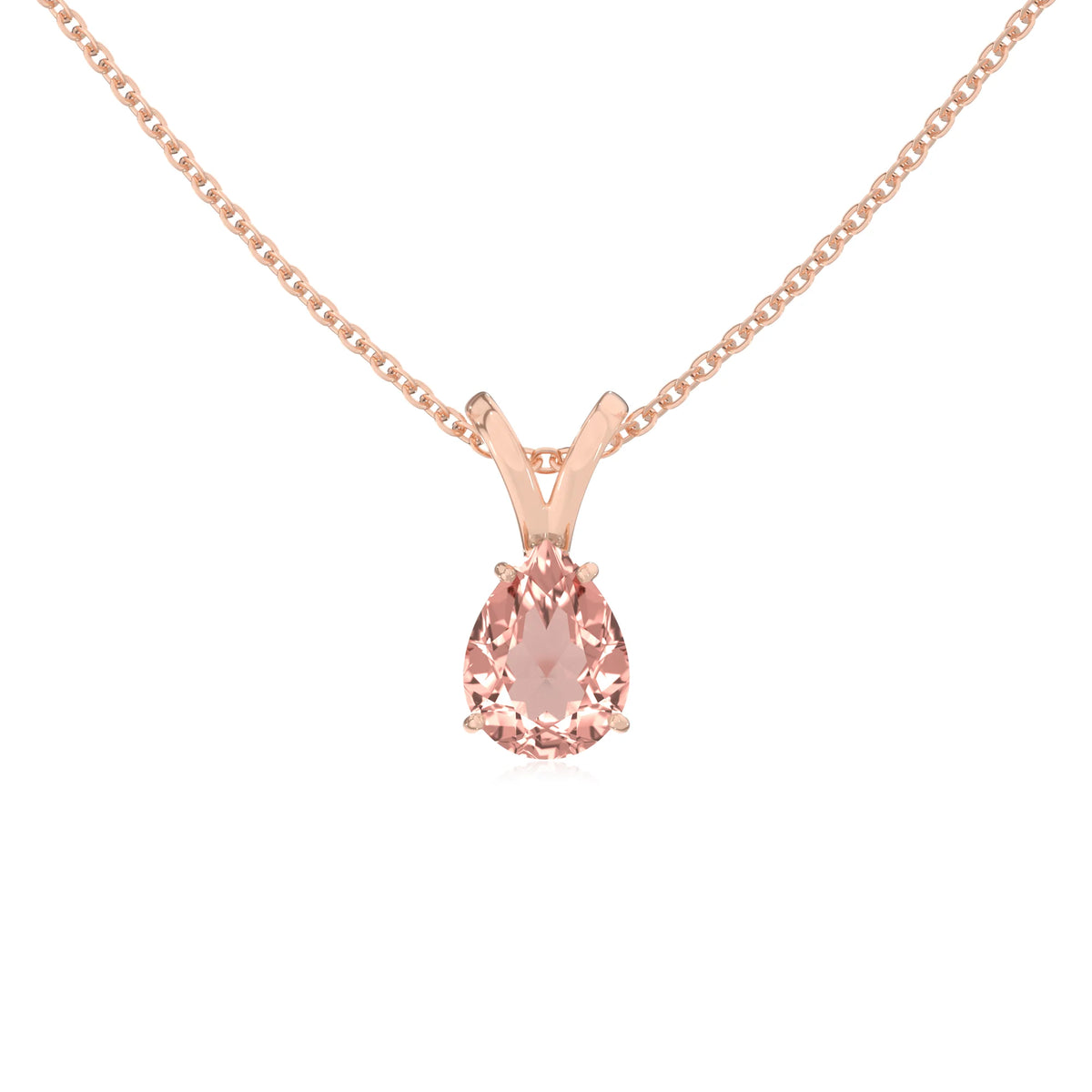 lab grown morganite pear solitaire v-bale necklaces in rose gold 