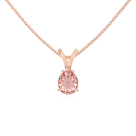 lab grown morganite pear solitaire v-bale necklaces in rose gold 